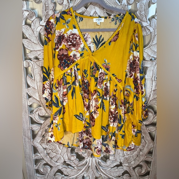 Umgee Boho Yellow and Floral Printed Top Sz M - Picture 2 of 6